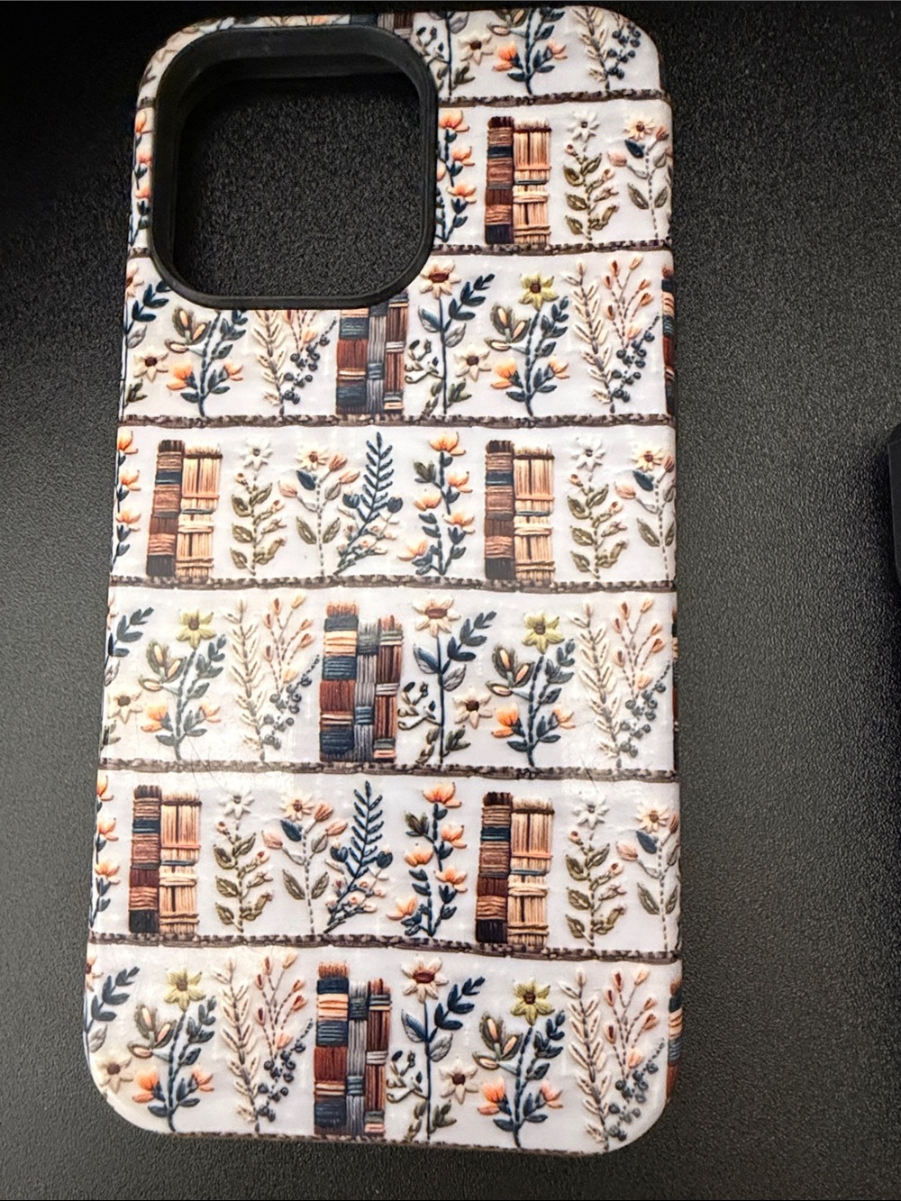Floral Bookstack Phone Case - White with Blue & Brown Embroidery Books Flowers